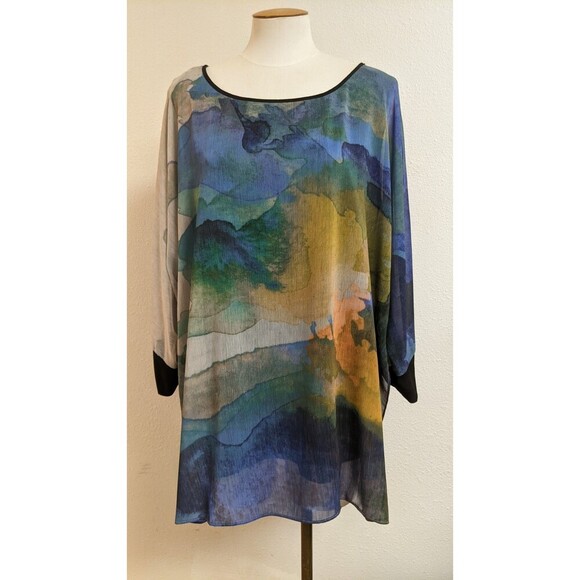 Soft Surroundings Tops - Soft Surroundings Watercolor Design Sheer Tunic Top w/Tank Batwing Slit Sleeve L